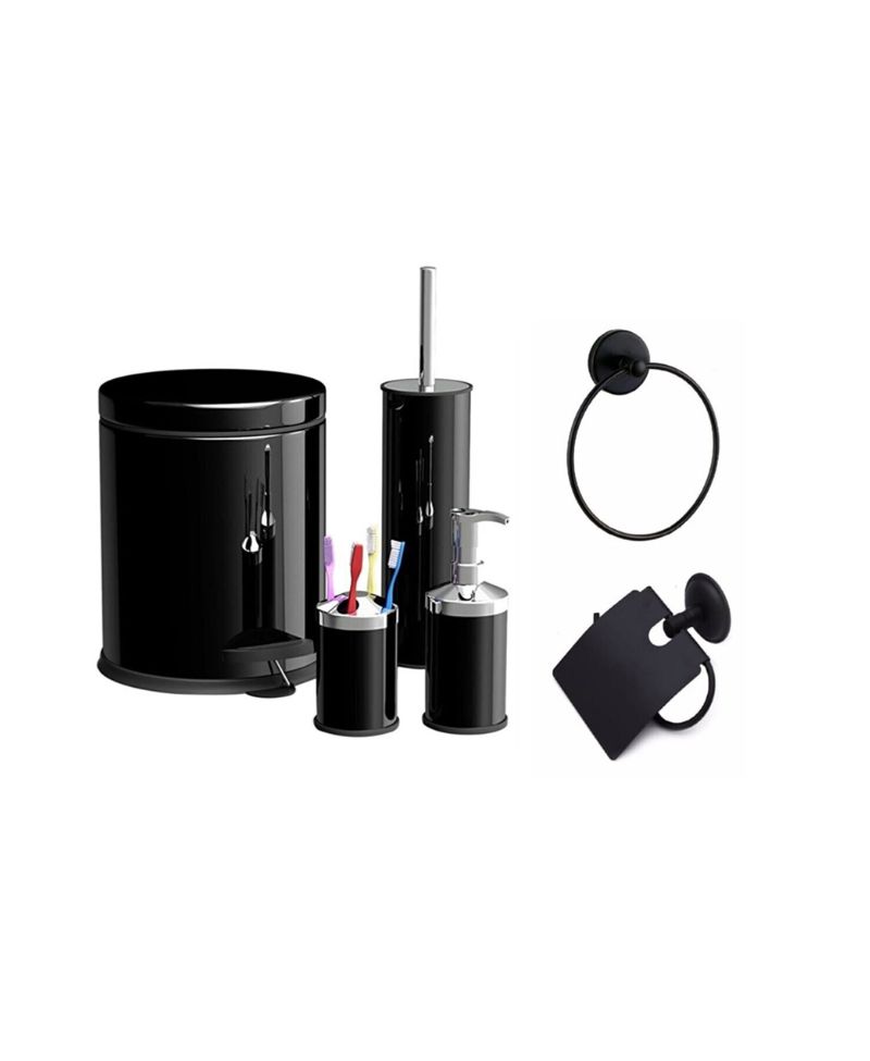 Sas Banyo Aksesuar Takımı 7 Li Set 5 Litre Pedallı Çöp Kovası Wc Fırçası Siyah Sas Banyo Aksesuar Takımı 7 Li Set 5 Litre Pedallı Çöp Kovası Wc Fırçası Siyah